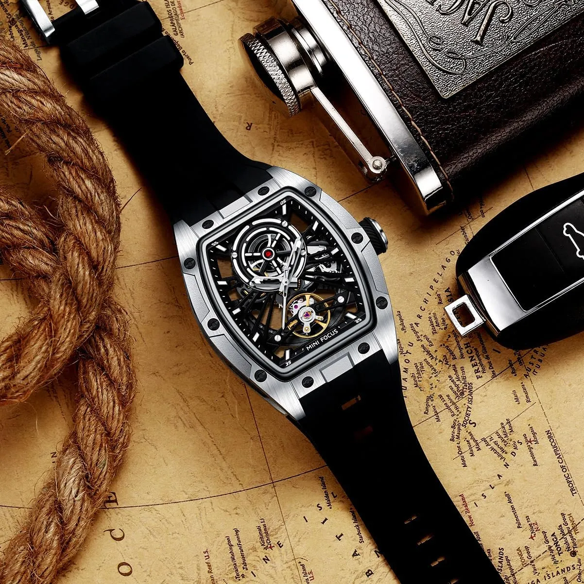 MF MINI FOCUS Unique Men Watches,Automatic Mechanical Watch,Luxury Hollow Tonneau Watches for Men with Stainless Steel Case and Silicon Band (Self-Wind Movement/5ATM Waterproof/Super_Luminous)