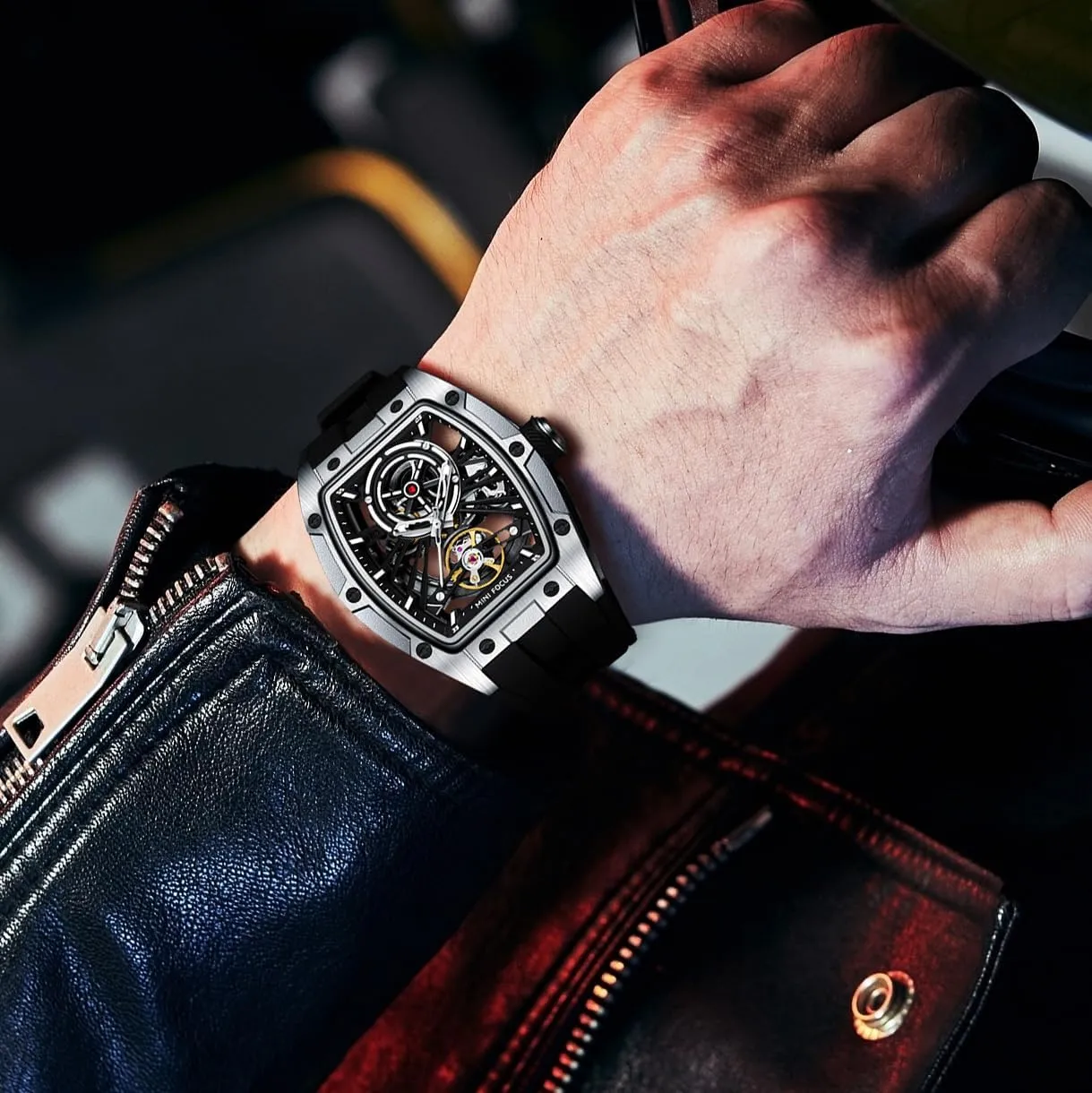 MF MINI FOCUS Unique Men Watches,Automatic Mechanical Watch,Luxury Hollow Tonneau Watches for Men with Stainless Steel Case and Silicon Band (Self-Wind Movement/5ATM Waterproof/Super_Luminous)