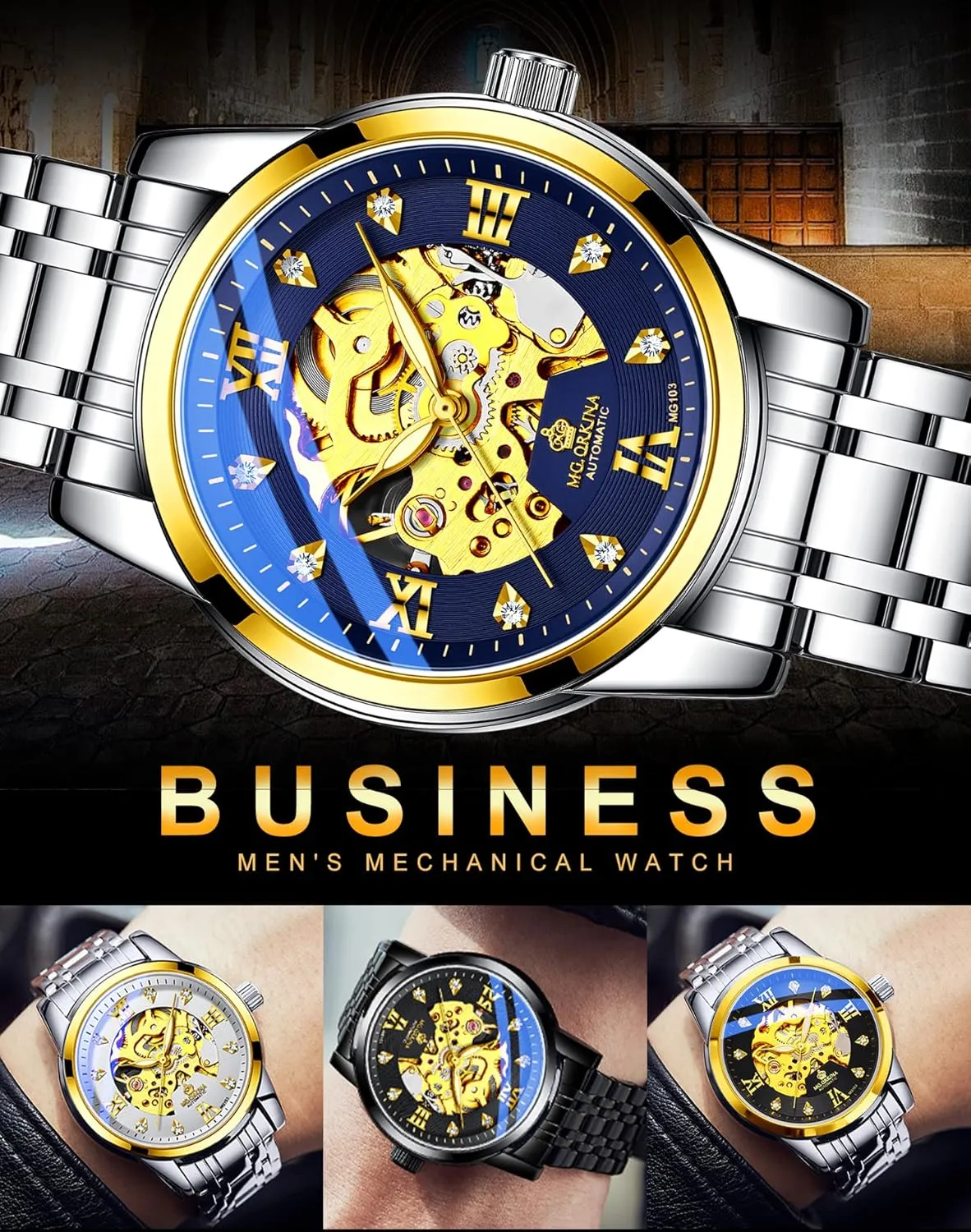 MG.ORKINA Mens Skeleton Luxury Mechanical Self-Wind Watches Automatic Hollow Business Stainless Steel Band Large Dial Rhinestone Scale Chronograph Wrist Watch