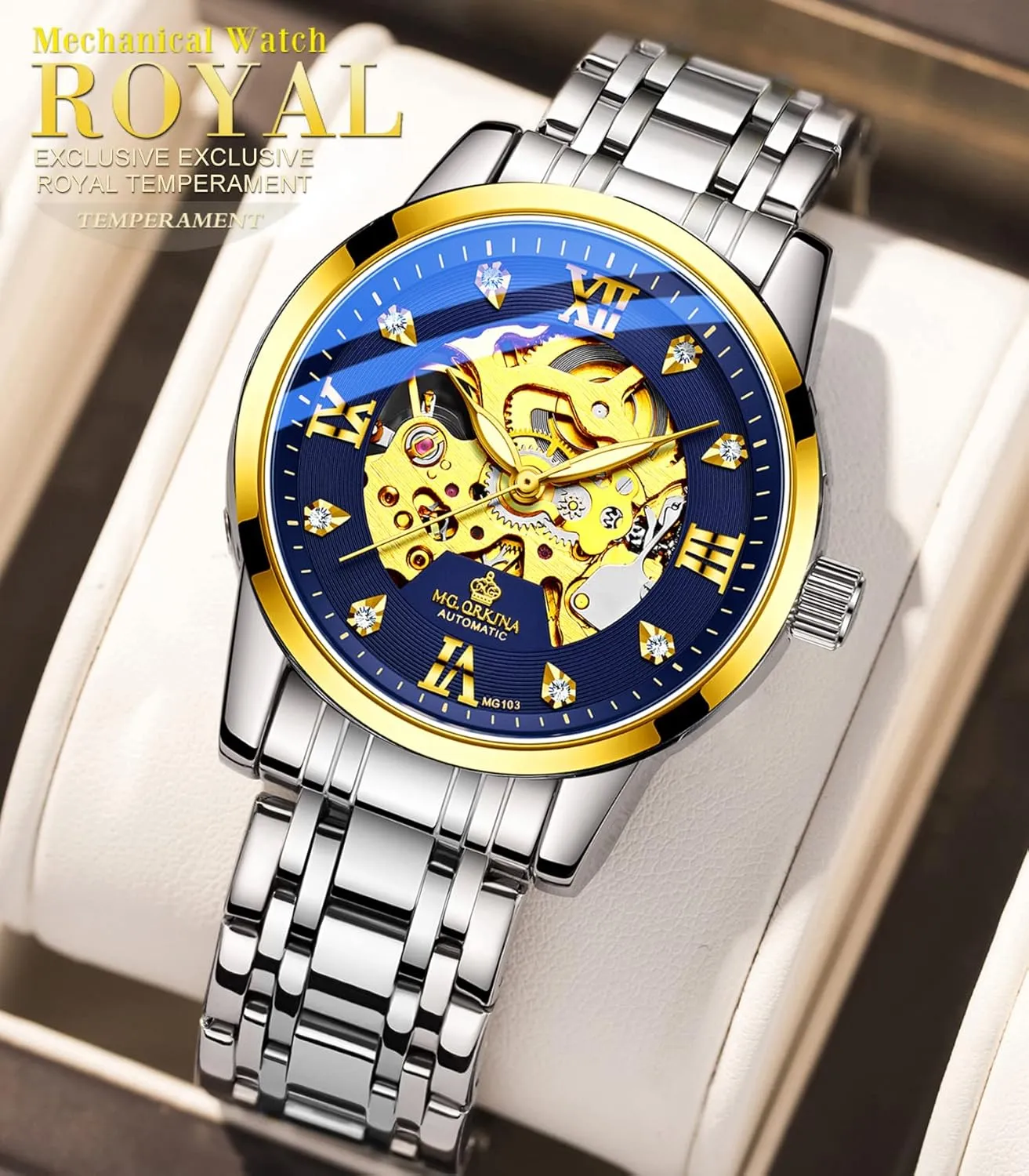 MG.ORKINA Mens Skeleton Luxury Mechanical Self-Wind Watches Automatic Hollow Business Stainless Steel Band Large Dial Rhinestone Scale Chronograph Wrist Watch