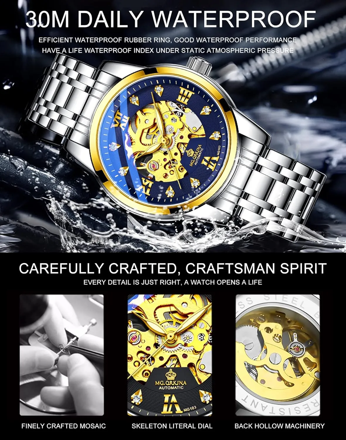 MG.ORKINA Mens Skeleton Luxury Mechanical Self-Wind Watches Automatic Hollow Business Stainless Steel Band Large Dial Rhinestone Scale Chronograph Wrist Watch