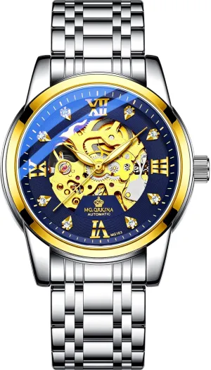 MG.ORKINA Mens Skeleton Luxury Mechanical Self-Wind Watches Automatic Hollow Business Stainless Steel Band Large Dial Rhinestone Scale Chronograph Wrist Watch