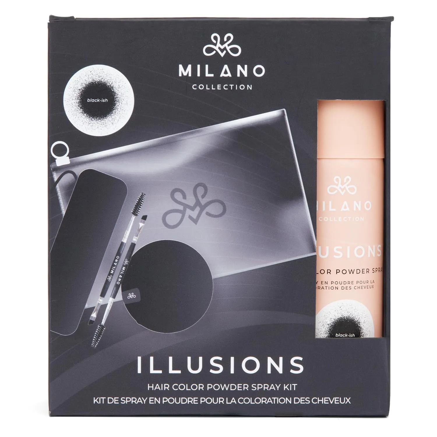 Milano Illusions Kit, Includes Black-ish Hair Color Powder Spray, Protector Band, Spray Removal Band, Two Spoolie Hairline Brushes, Storage Bag