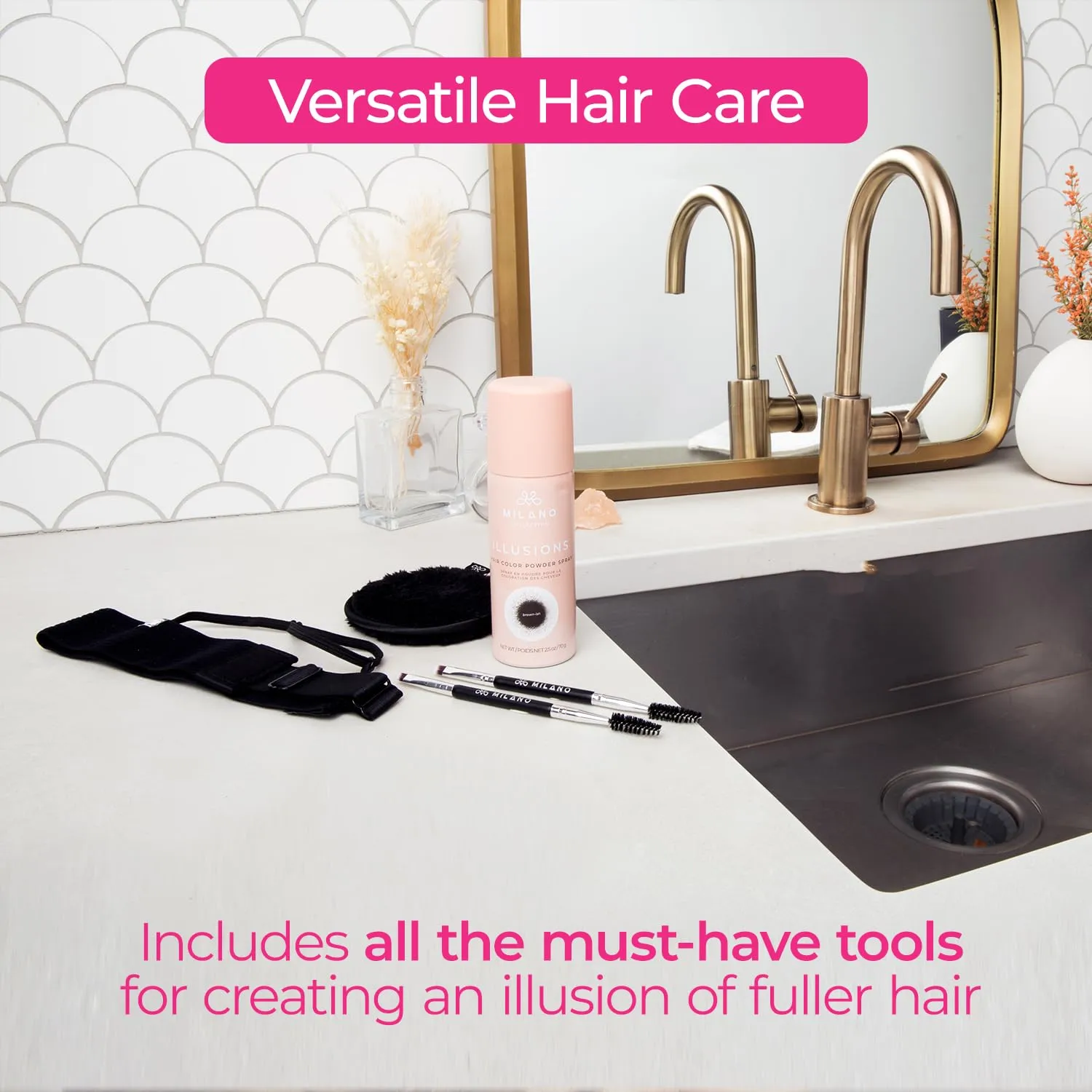 Milano Illusions Kit, Includes Black-ish Hair Color Powder Spray, Protector Band, Spray Removal Band, Two Spoolie Hairline Brushes, Storage Bag