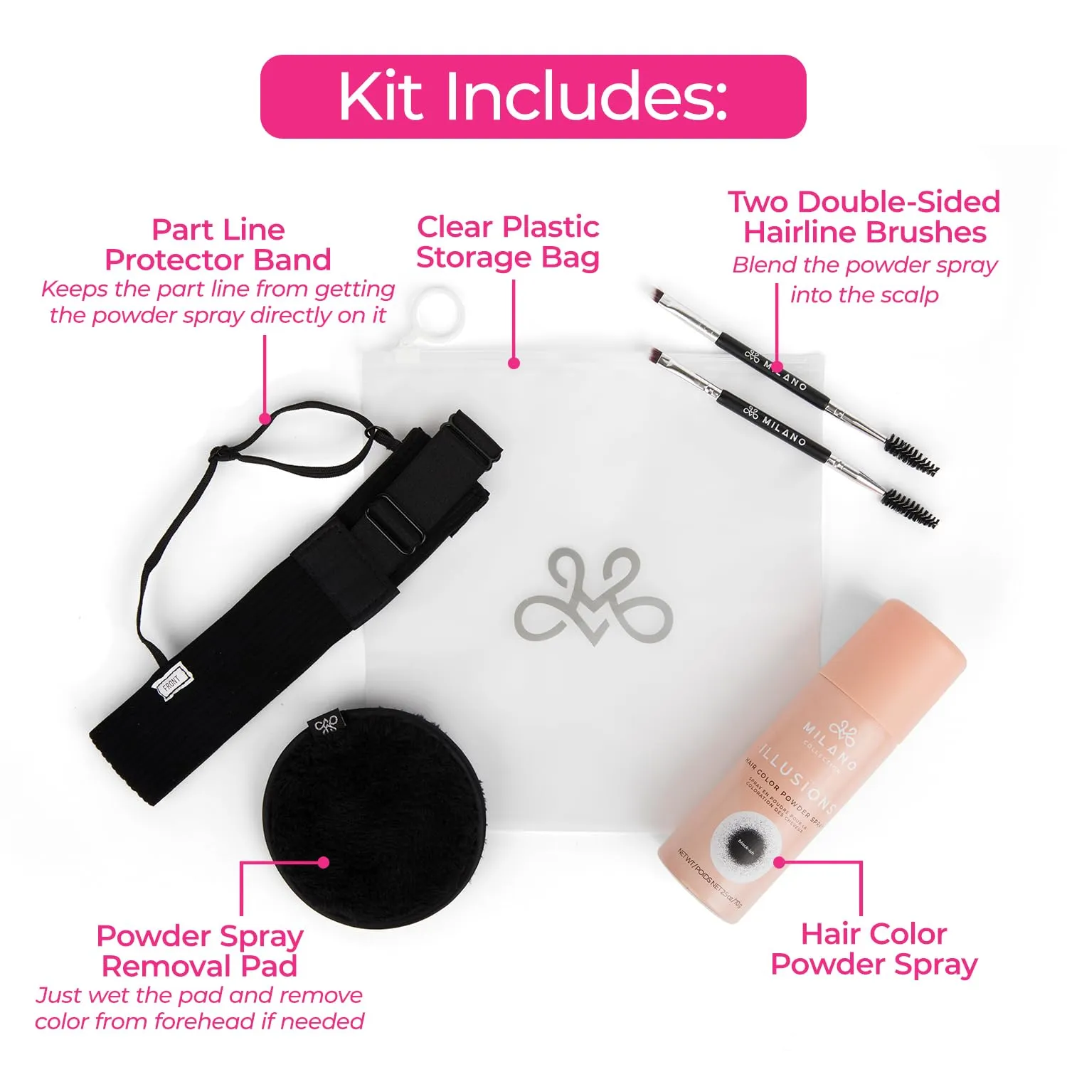 Milano Illusions Kit, Includes Black-ish Hair Color Powder Spray, Protector Band, Spray Removal Band, Two Spoolie Hairline Brushes, Storage Bag