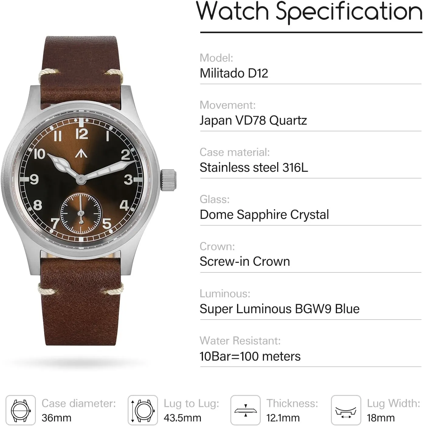 Militado D12 Military Mens Watch VD78 Quartz Sapphire Crystal C3 Super Luminous 36mm Dial Military-Style Dress Watches, 100M Waterproof
