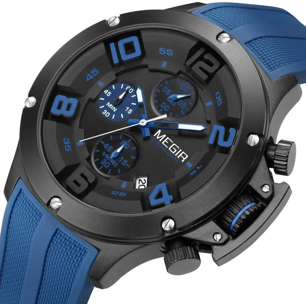 Military Sport Quartz Watch Men Fashion Waterproof Wristwatch with Silicone Strap Luminous Hands Date Chronograph Watches Black