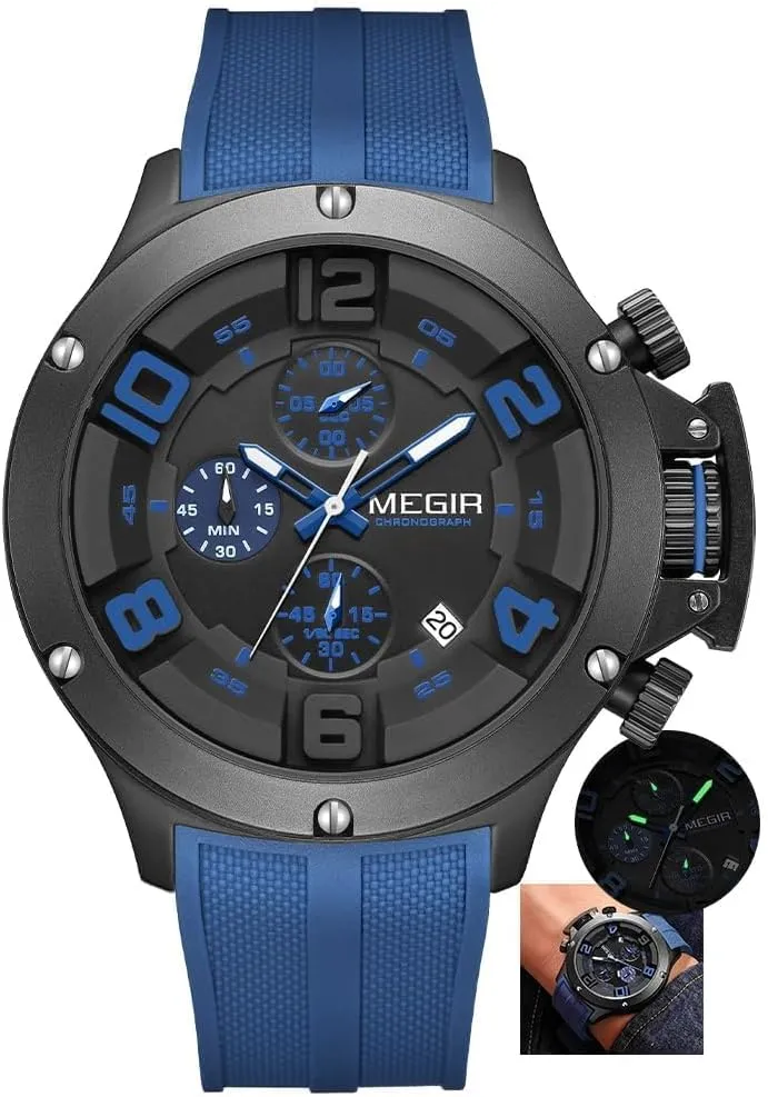 Military Sport Quartz Watch Men Fashion Waterproof Wristwatch with Silicone Strap Luminous Hands Date Chronograph Watches Black