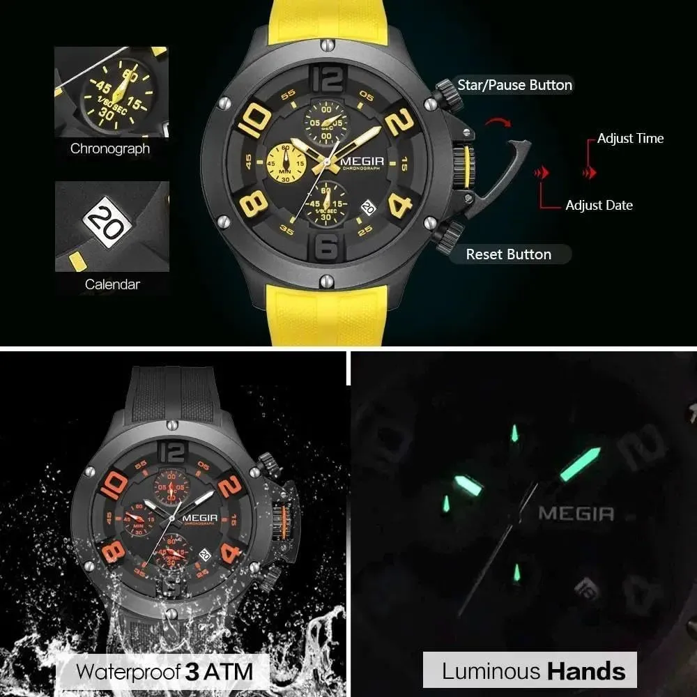 Military Sport Quartz Watch Men Fashion Waterproof Wristwatch with Silicone Strap Luminous Hands Date Chronograph Watches Black