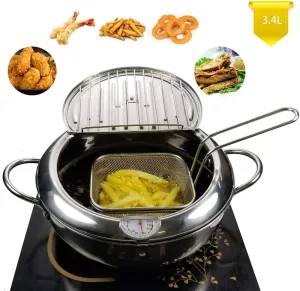 Mini deep fry pan with basket draining rack Stainless steel Fryer pot with Thermometer for Chicken French Fries Fish onion ring