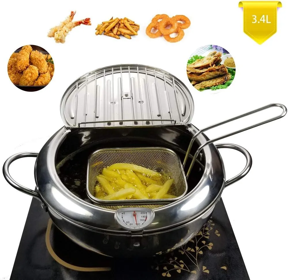 Mini deep fry pan with basket draining rack Stainless steel Fryer pot with Thermometer for Chicken French Fries Fish onion ring
