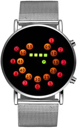 MINILUJIA Men Cool Digital Watch Binary Time LED Display Waterproof with Stainless Steel Mesh Band Unique Creative Fashion Wristwatches
