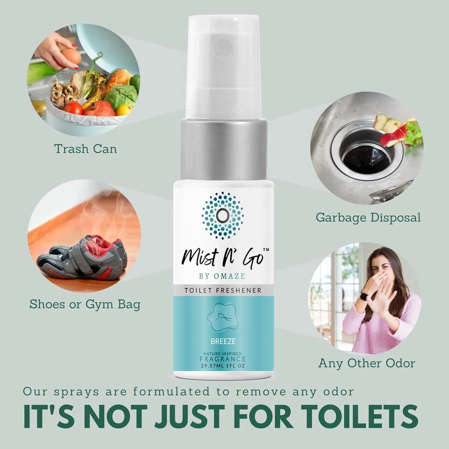 Mist N’ Go by Omaze Travel Bathroom Spray for Toilet Spray Odor Eliminator - Travel Toilet Spray for Bathroom Air Freshener Spray for Bathroom Deodorizer - Mix All, Travel Size (1oz x5)