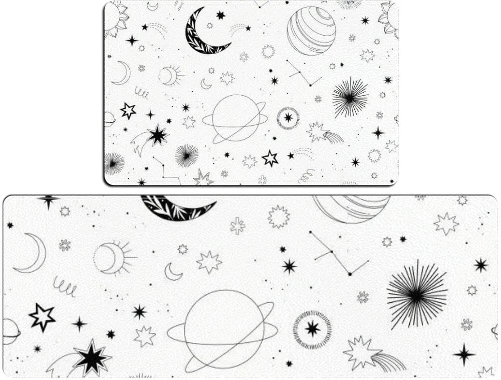 Modern hand drawn cosmos and planets stars sun comets Universe line dr Kitchen Rugs Sets of 2 Non Slip Washable Kitchen Mats for Floor 2 Piece Kitchen Sink Rug Runner Long Bathroom Rug Sets 2 Piece