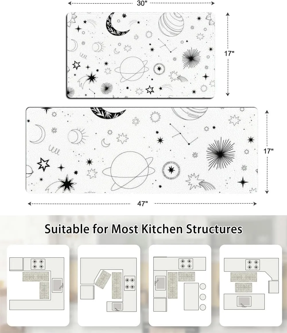 Modern hand drawn cosmos and planets stars sun comets Universe line dr Kitchen Rugs Sets of 2 Non Slip Washable Kitchen Mats for Floor 2 Piece Kitchen Sink Rug Runner Long Bathroom Rug Sets 2 Piece