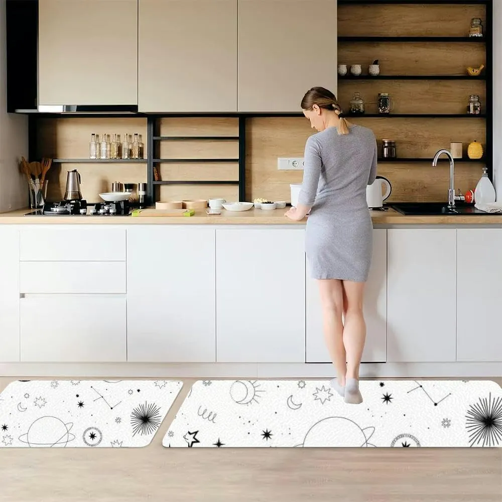 Modern hand drawn cosmos and planets stars sun comets Universe line dr Kitchen Rugs Sets of 2 Non Slip Washable Kitchen Mats for Floor 2 Piece Kitchen Sink Rug Runner Long Bathroom Rug Sets 2 Piece
