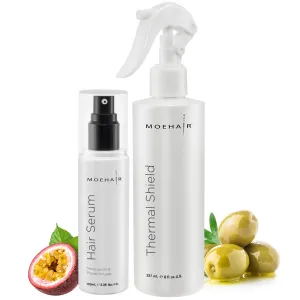 MOEHAIR Heat Protectant Spray (8 Fl. Oz) and Hair Serum (3.38 Fl. Oz) | Protects Hair Against Heat Damage | Enhances Shine, Tames Frizz, and Smooths Strands | Sulfate and Paraben-Free
