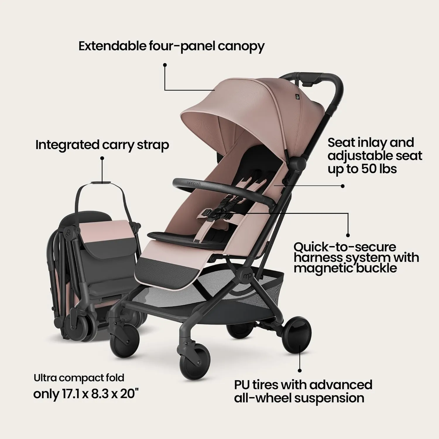 Mompush Velo Lightweight Travel Stroller – One-Hand Fold, Ultra-Compact & Airplane Friendly, Lie-Flat Recline Seat (from Birth to 50 lbs), Includes Cup Holder, Shoulder Strap, and Leather Bumper Bar