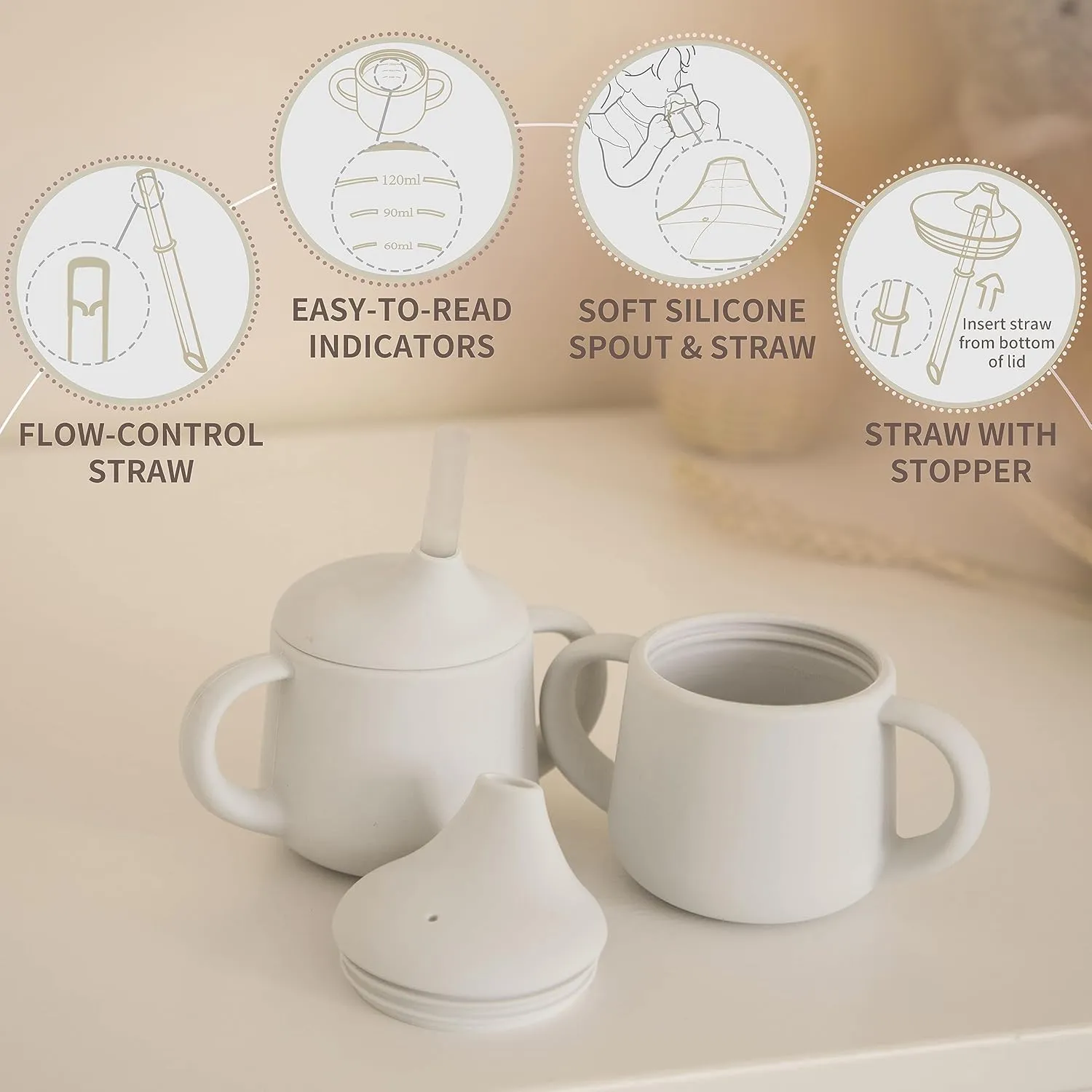 Moonkie Silicone Baby Sippy Cups | 3 Stages Training Cup Straw Cup for Infants Toddlers and Kid | 4 oz 2Pack