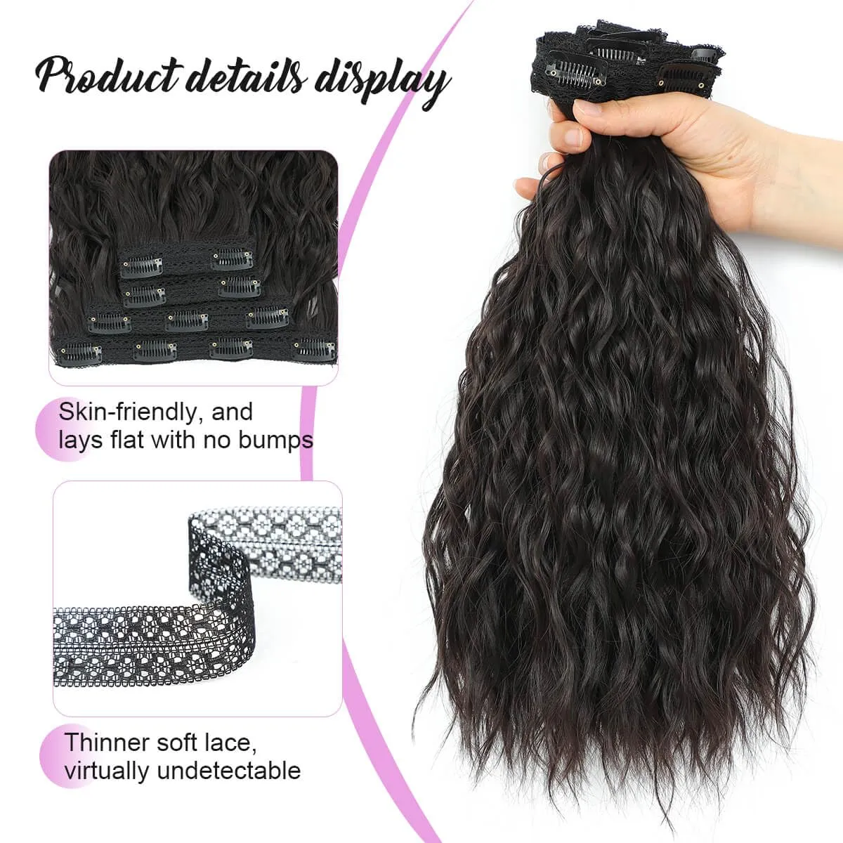 MORICHY Clip in Hair Extensions Clip ins 16'' Wavy Curly Invisible Soft Lace 4PCS Seamless Clip in Hair Extensions Dark Brown Synthetic Hairpieces for Women