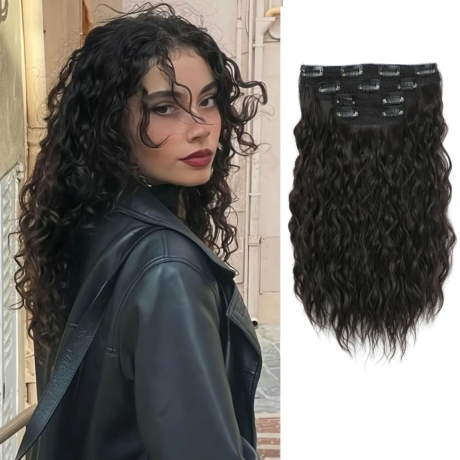 MORICHY Clip in Hair Extensions Clip ins 16'' Wavy Curly Invisible Soft Lace 4PCS Seamless Clip in Hair Extensions Dark Brown Synthetic Hairpieces for Women