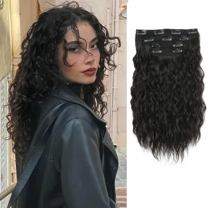 MORICHY Clip in Hair Extensions Clip ins 16'' Wavy Curly Invisible Soft Lace 4PCS Seamless Clip in Hair Extensions Dark Brown Synthetic Hairpieces for Women