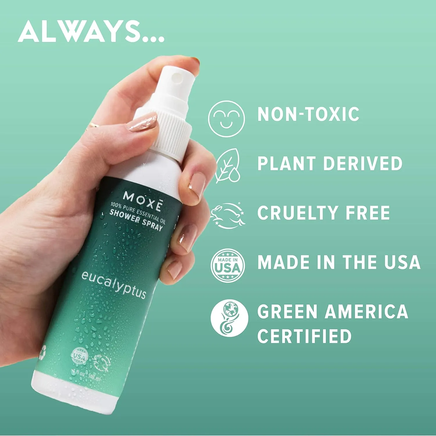 MOXE Eucalyptus Oil Shower Mist, Spa Steam Spray, Certified Natural 100% Essential Oils, Made in USA, Aromatherapy, Sinus Congestion Relief, Tension Relief (4oz)