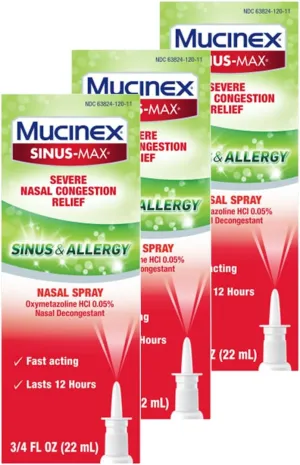 Mucinex Sinus-Max Nasal Spray for Sinus & Allergy, Fast-Acting & Fragrance Free, 12 Hour Severe Nasal Congestion Relief, 0.75 Fl Oz (Pack of 3)