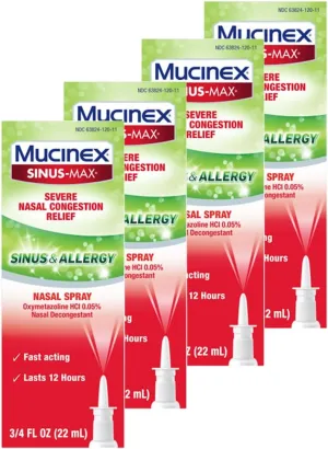 Mucinex Sinus-Max Nasal Spray for Sinus & Allergy, Fast-Acting & Fragrance Free, 12 Hour Severe Nasal Congestion Relief, 0.75 Fl Oz (Pack of 4)