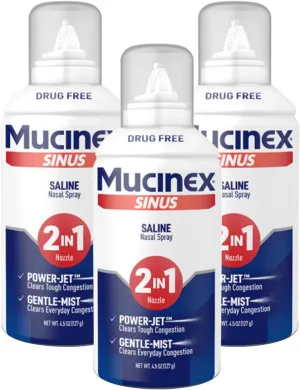 Mucinex Sinus Saline Nasal Spray & Sinus Rinse, Non-Medicated, Additive Free, Non-Drowsy Nasal Irrigation with 2-in-1 Jet   Mist Spray Nozzle for Cold & Allergy Season, 4.5oz Saline Solution Spray-3Pk