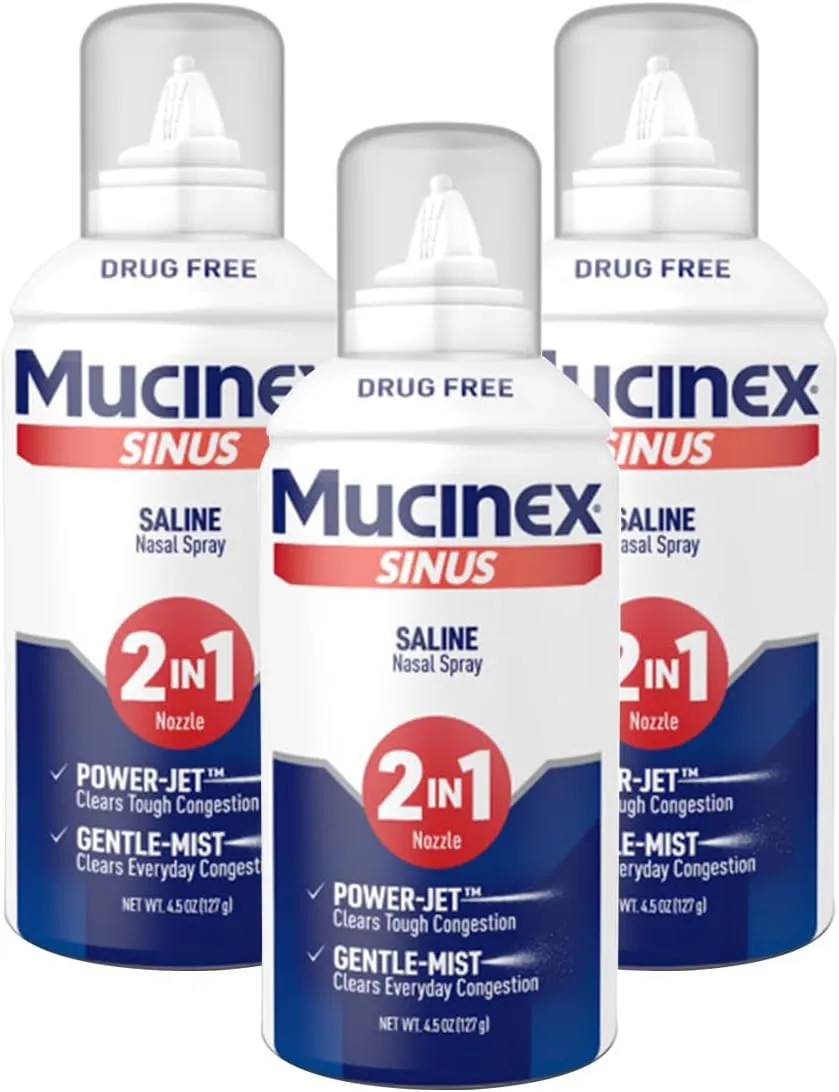 Mucinex Sinus Saline Nasal Spray & Sinus Rinse, Non-Medicated, Additive Free, Non-Drowsy Nasal Irrigation with 2-in-1 Jet   Mist Spray Nozzle for Cold & Allergy Season, 4.5oz Saline Solution Spray-3Pk