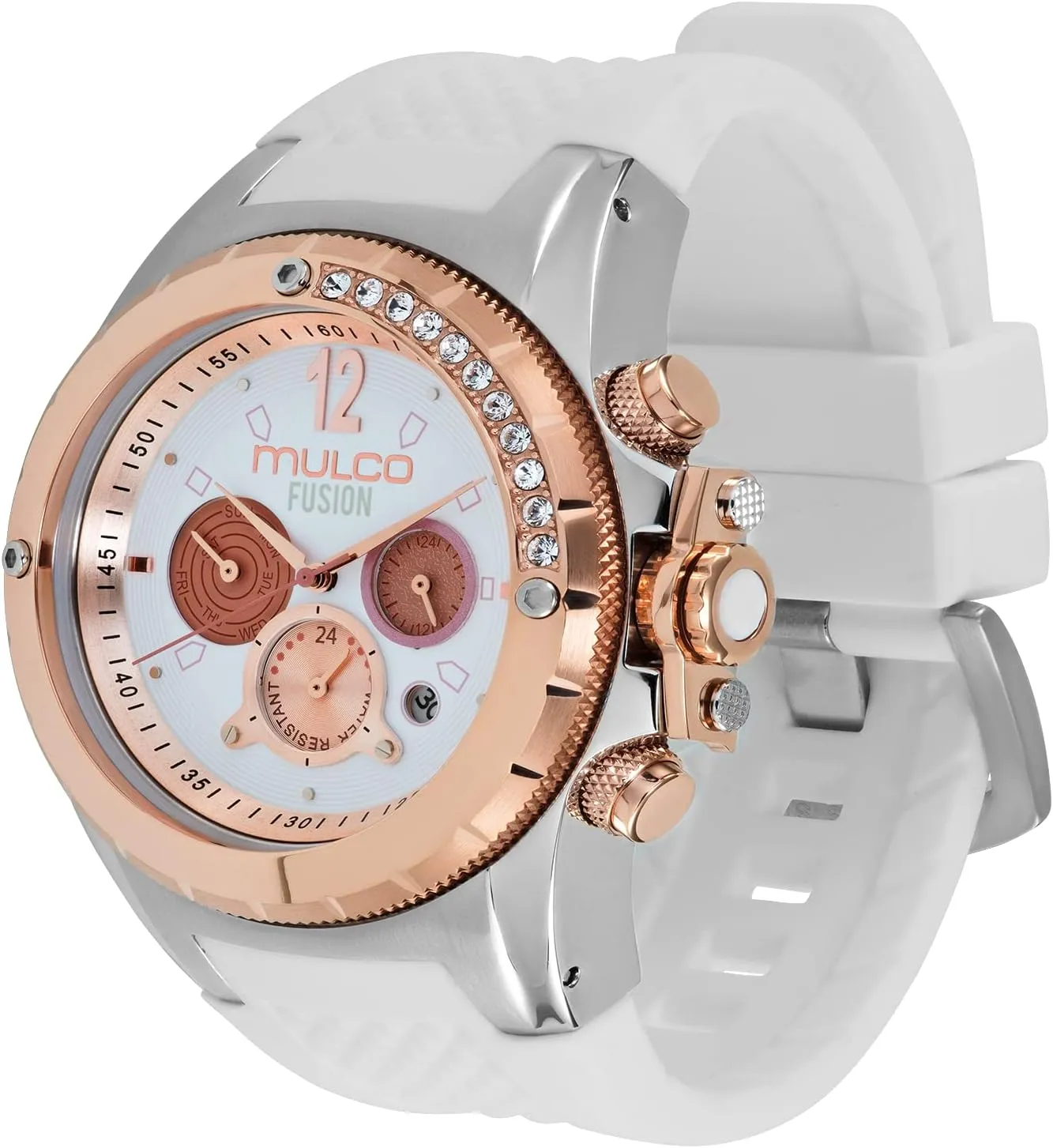 MULCO Watches for Women-Blue Marine, Silver Stainless Steel Case with Silicone Wrist Band, Quartz Multifunction Movement,Large Analog Display, Crystal Stones & Rose Gold Accents, 100m Waterproof
