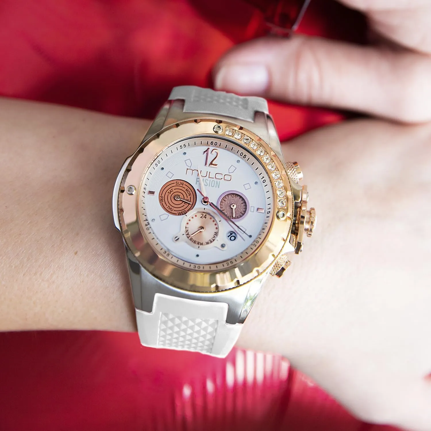 MULCO Watches for Women-Blue Marine, Silver Stainless Steel Case with Silicone Wrist Band, Quartz Multifunction Movement,Large Analog Display, Crystal Stones & Rose Gold Accents, 100m Waterproof
