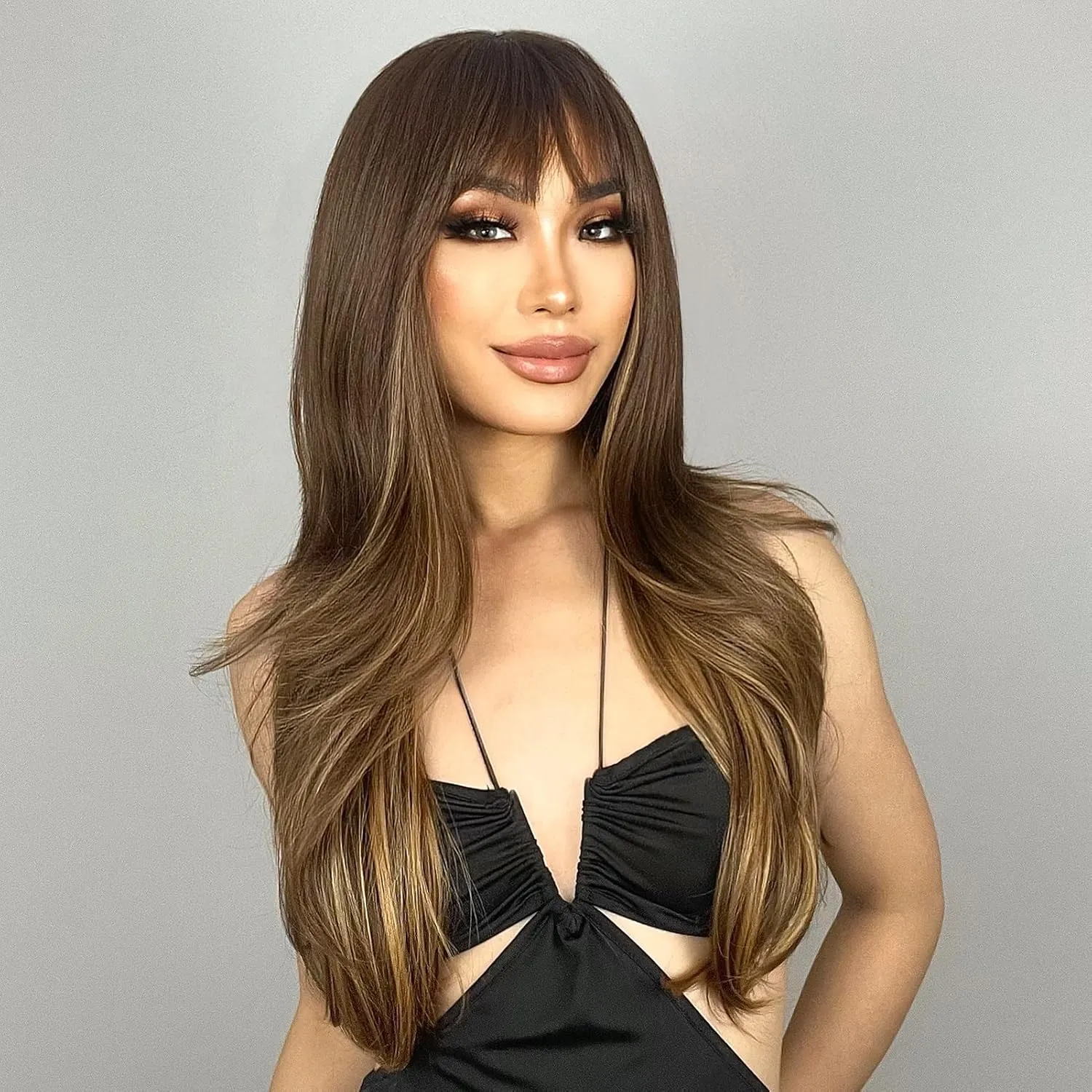 N NAYASA Brown Wigs with Bangs Long Layered Wigs for Women Brown Mixed Blonde Synthetic Wig Heat Resistant Natural Looking Wigs for Daily Party Use