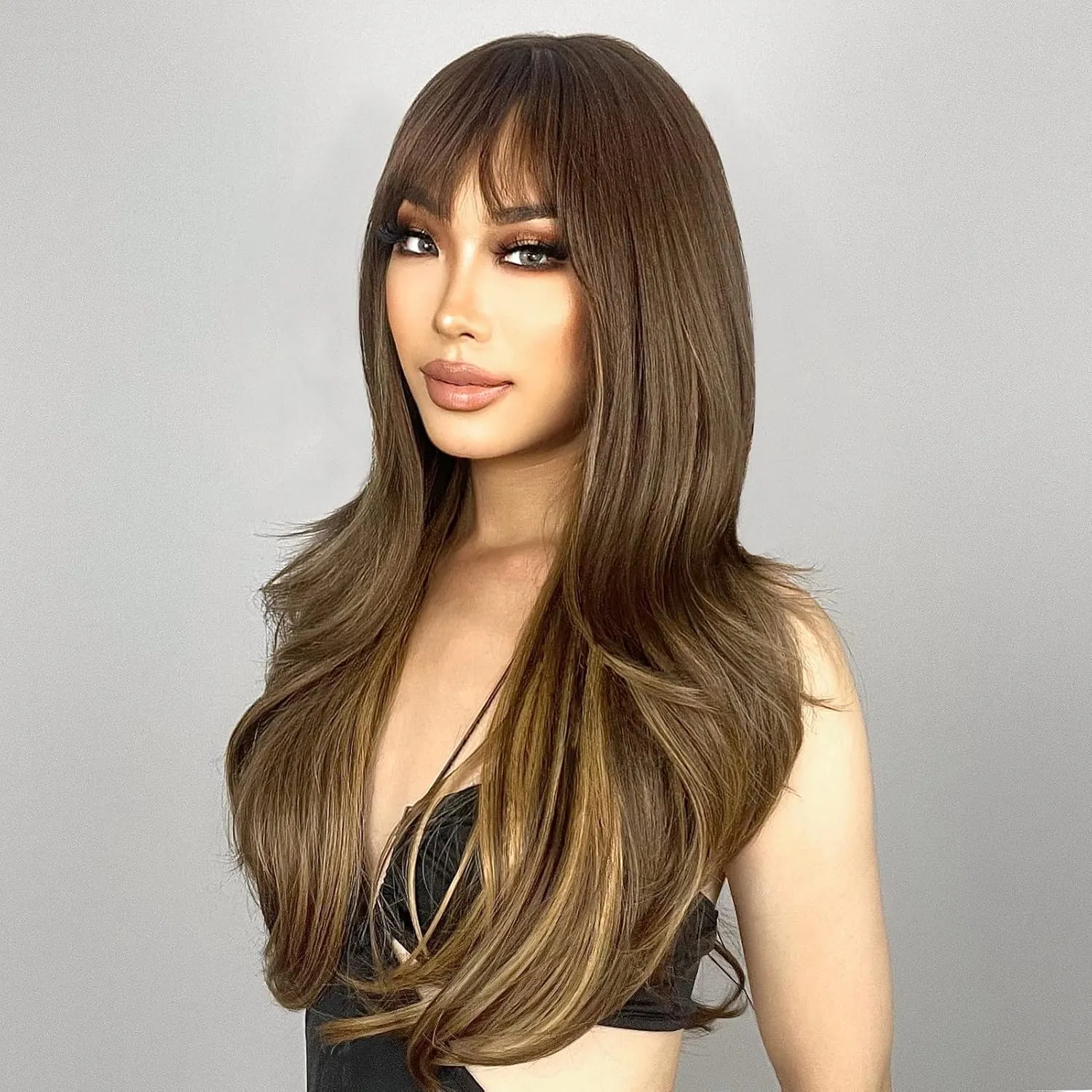 N NAYASA Brown Wigs with Bangs Long Layered Wigs for Women Brown Mixed Blonde Synthetic Wig Heat Resistant Natural Looking Wigs for Daily Party Use