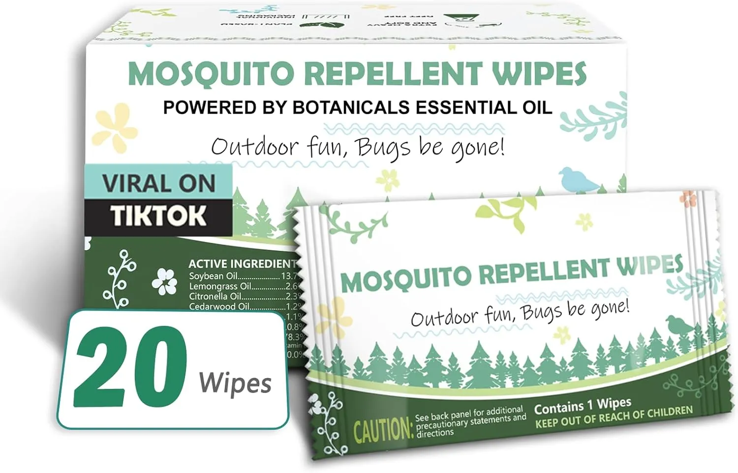 Natural Mosquito Repellent Wipes, DEET Free Insect & Bug Repellent Wipes, Easy to Use, Long Lasting, Travel Sized, 20 Packs