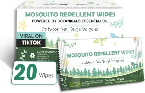 Natural Mosquito Repellent Wipes, DEET Free Insect & Bug Repellent Wipes, Easy to Use, Long Lasting, Travel Sized, 20 Packs