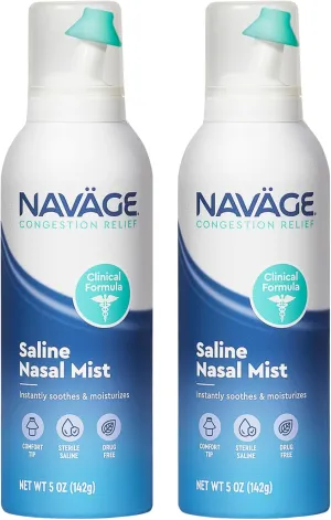 Navage Saline Nasal Mist Clinical Formula Extra Comfort Drug-Free Hydration and Congestion Relief – Sterile Saline Spray for Sensitive Noses 2 Pack