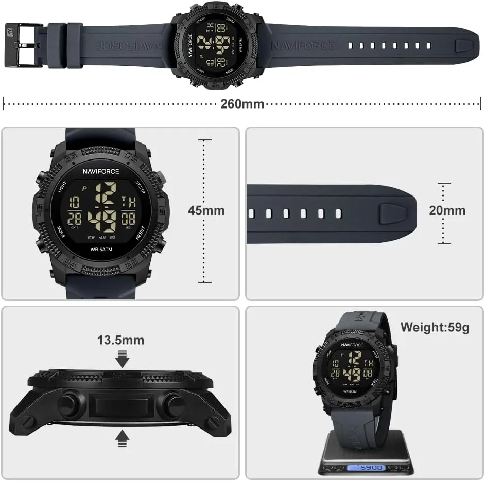 NAVIFORCE Men Sports Waterproof Digital Watches with Stopwatch Alarm Rubber Strap Wristwatch for Women