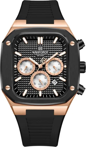 NAVIFORCE Mens Square Chronograph Watch Analog Calendar Quartz Waterproof Watches with Silicone Band for Sports NF8037(Gold Black)