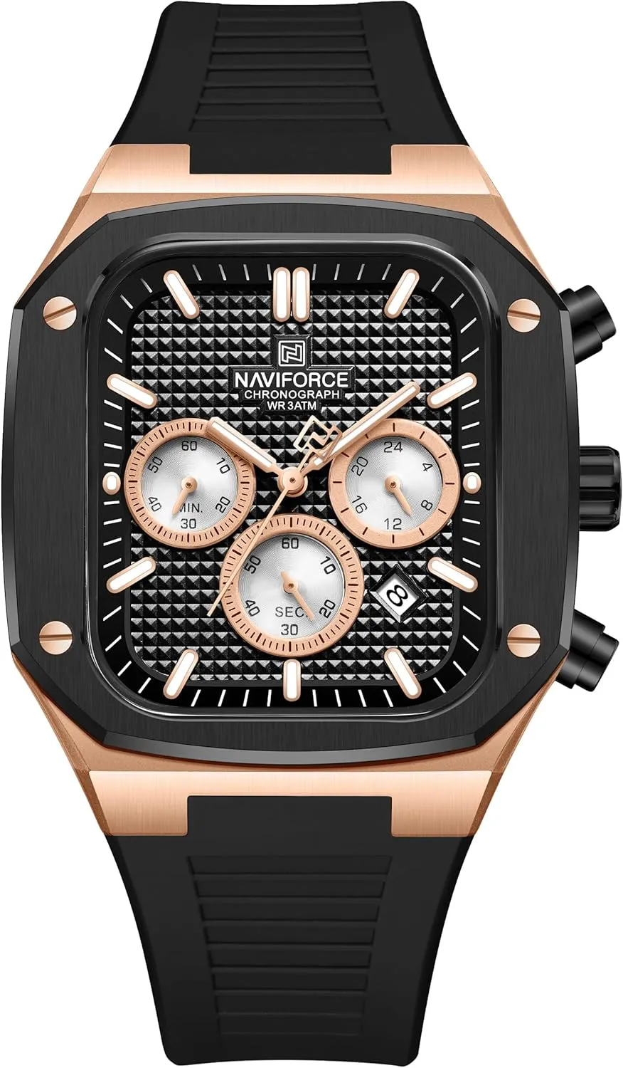 NAVIFORCE Mens Square Chronograph Watch Analog Calendar Quartz Waterproof Watches with Silicone Band for Sports NF8037(Gold Black)