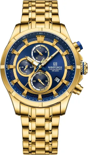 NAVIFORCE Watches for Men Big Face Analog Quartz Business Dress Chronograph Multifunction Stainless Steel Calendar Waterproof Luminous Mens Wrist Watch (Gold Blue)