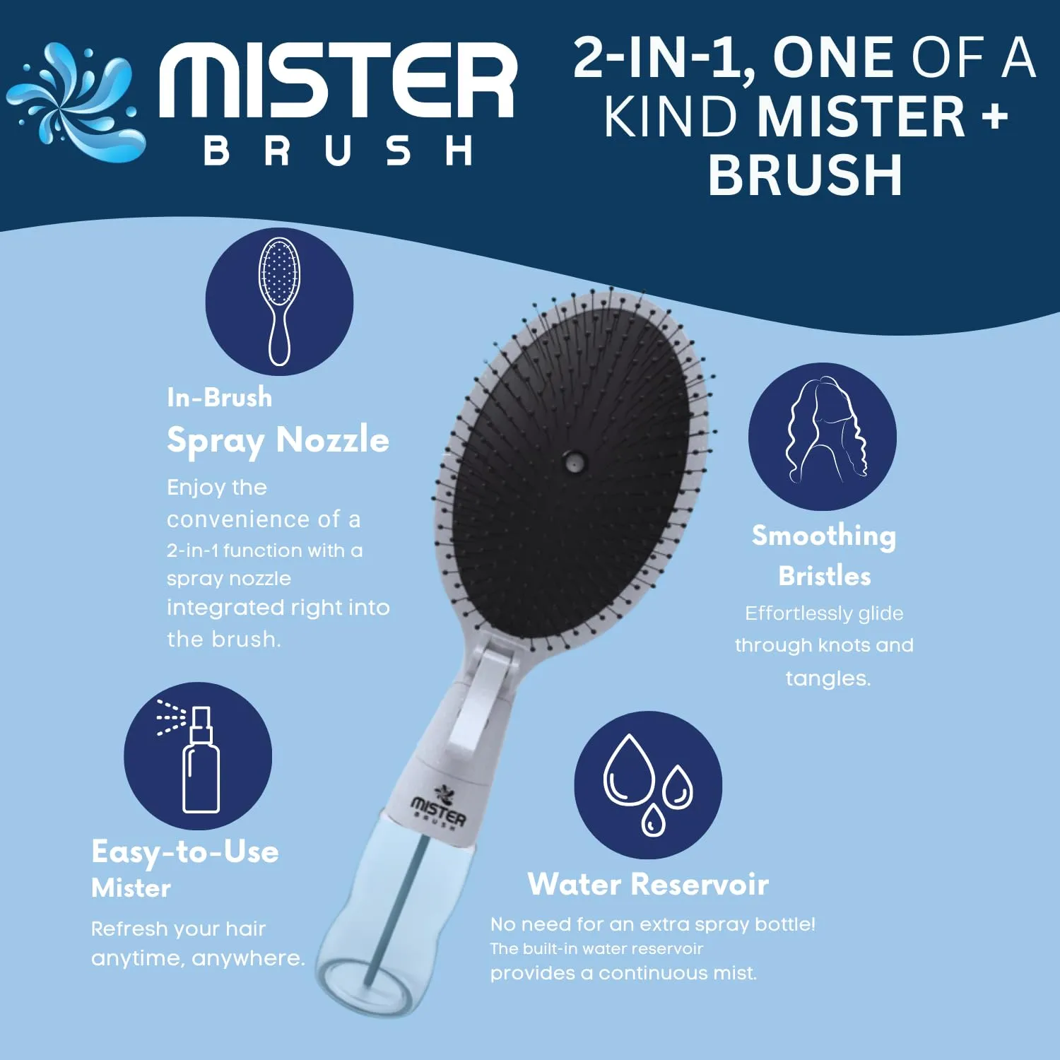 Navy All in One Brush   Mister - 2 in 1 - Detangling Brush - No More Hair Hassle