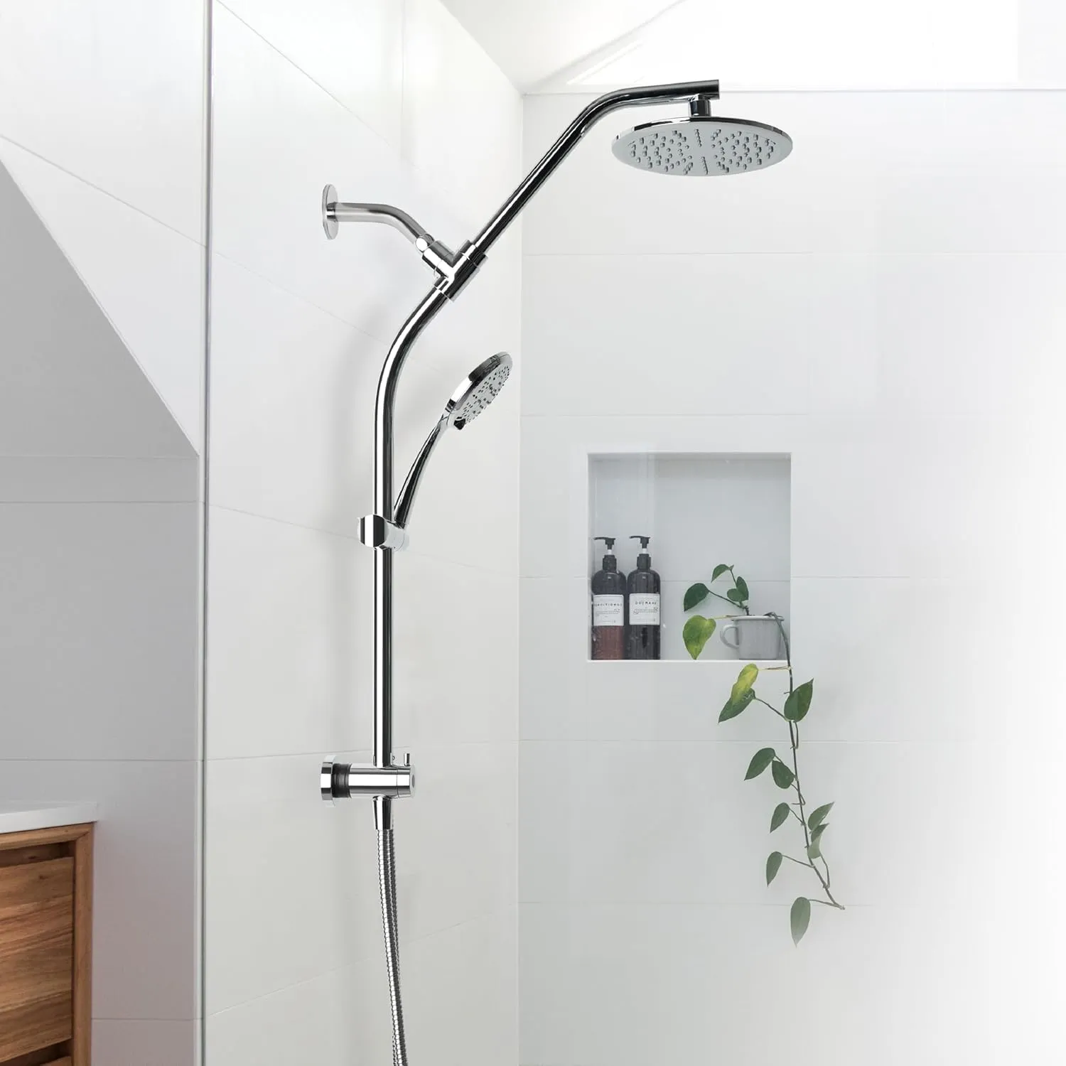 Niagara Conservation ShowerRail Sliding Handheld Dual Shower System Shower Head with 8-inch Rain Head, 6-Spray Setting Handheld and Adjustable Rail, Tool-Free Easy Installation