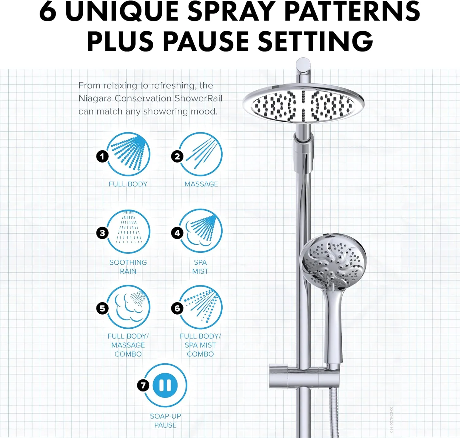 Niagara Conservation ShowerRail Sliding Handheld Dual Shower System Shower Head with 8-inch Rain Head, 6-Spray Setting Handheld and Adjustable Rail, Tool-Free Easy Installation