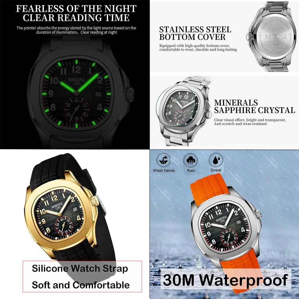 NIBOSI Watch for Men Square Fashion Easy Read Waterproof Business Stainless Luxury Analog Simple Dress Dad Father Gifts Gold Black Wrist Watches