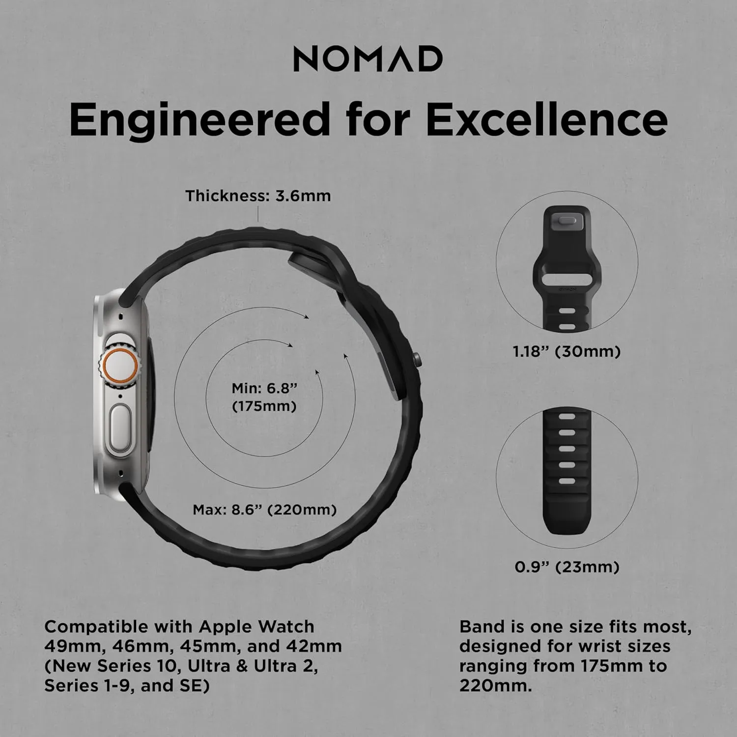 NOMAD Sport Band V2 | Unisex, Sport Loop Watch Band | Fluororubber, Black, 22mm, 42/44/45/49mm, Waterproof