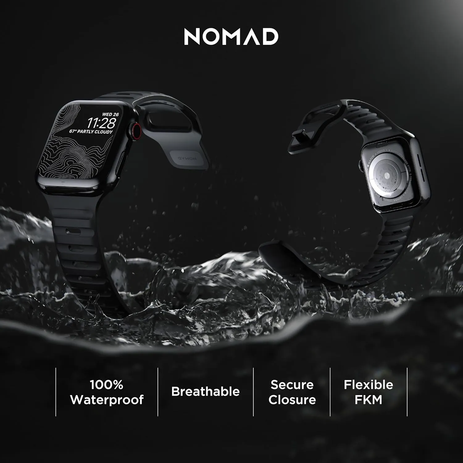 NOMAD Sport Band V2 | Unisex, Sport Loop Watch Band | Fluororubber, Black, 22mm, 42/44/45/49mm, Waterproof
