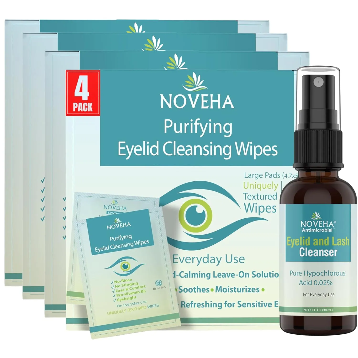 NOVEHA Sensitive Eyelid Wipes Value Pack – 4 Boxes (240pcs)   Bonus 30ml Cleanser Spray | Gentle Eyelid Routine for Dry and Itchy Eyes