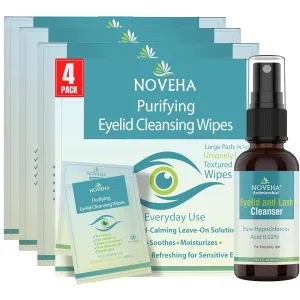 NOVEHA Sensitive Eyelid Wipes Value Pack – 4 Boxes (240pcs)   Bonus 30ml Cleanser Spray | Gentle Eyelid Routine for Dry and Itchy Eyes